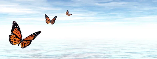 Butterflies flying to the horizon - 3D render — Stock Photo, Image