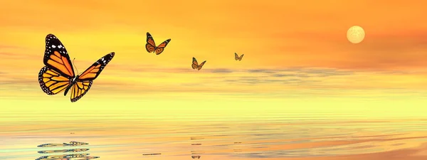 Butterflies flying to the sunset - 3D render — Stock Photo, Image