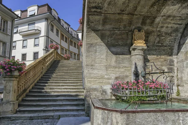 Fontein van de collegiale kerk Saint-Laurent in Estavayer-le-lac, Fribourg, Zwitserland — Stockfoto
