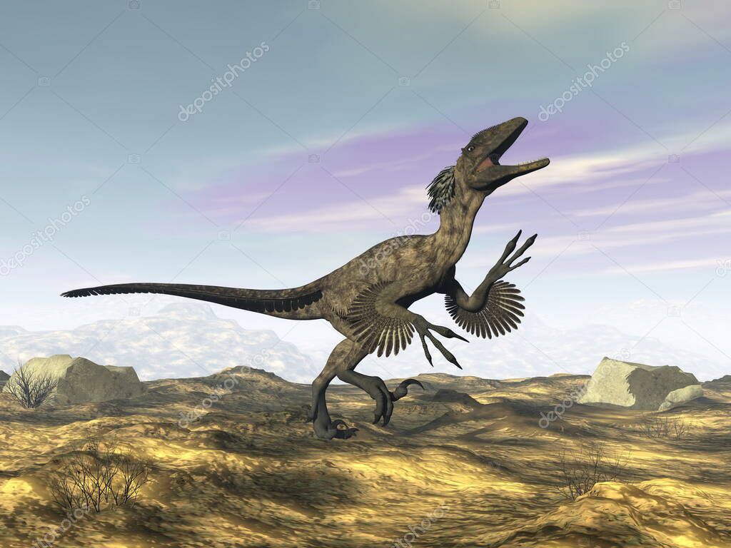 Deinonychus dinosaur roaring head up -3D render