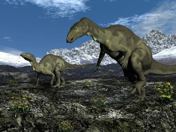 Dois dinossauros camptossauros andando juntos renderizar 3D — Fotografia de Stock