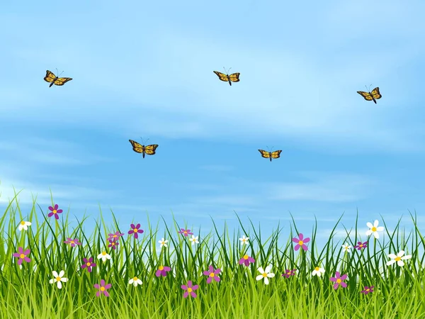 Mariposas monarca volando sobre un prado - 3D render — Foto de Stock