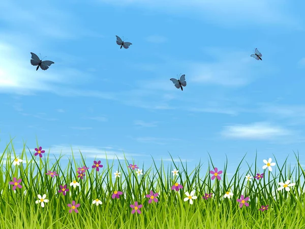Çayırda uçan mavi kelebekler - 3 boyutlu render — Stok fotoğraf