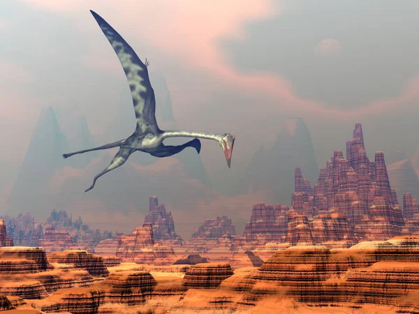 Quetzalcoatlus vliegt tegen zonsondergang op een canyon - 3D render — Stockfoto