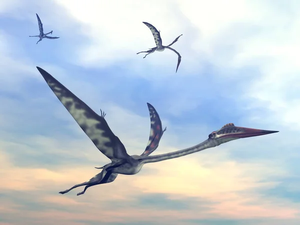 Quetzalcoatlus volando juntos al atardecer - 3D render —  Fotos de Stock