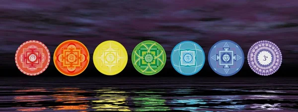 Sept symboles de chakra sur la ligne d'horizon - rendu 3D — Photo