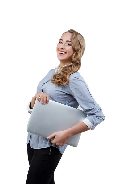 Sorriso di successo ragazza con computer portatile isolato — Foto Stock