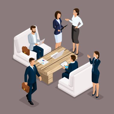 İzometrik insanlar izometrik işadamları, iş adamı ve iş kadını, işlemdeki iş elbiseli adamlar. Ofis mobilyaları, dizüstü, bilgisayar, masa ve sandalye