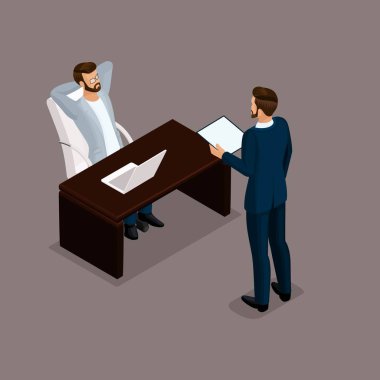 Toplantı iş anlaşması, problem çözme, ofis mobilyaları izometrik insanlar izometrik iş adamları iş adamları karanlık bir arka plan bir sorunu çözmek. Vektör çizim