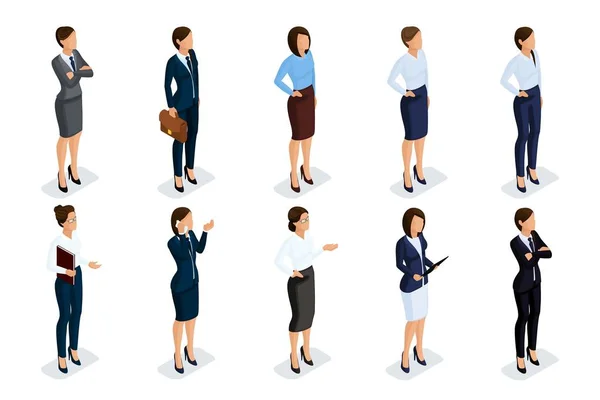 Isometric set of elegant beautiful business woman in business clothing. Business woman doing a job. The modern style of a business woman on a white background — Stock Vector