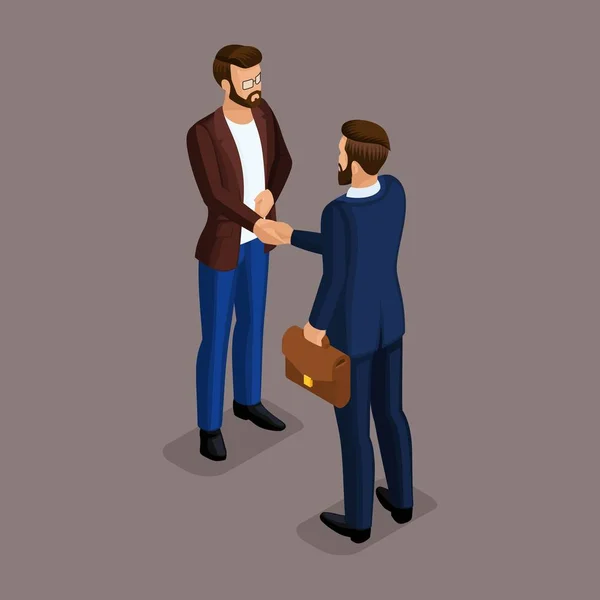 Pessoas isométricas empresários isométricos apertando as mãos em um terno de negócios, fazer um acordo. Reunião de negócios sobre um fundo escuro. Ilustração vetorial —  Vetores de Stock