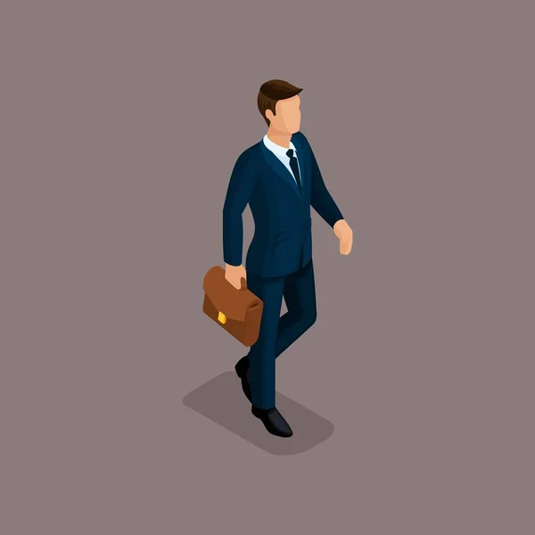 Isometric people isometric businessman is in a hurry for a meeting, holding briefcase with documents on a dark background. Vector illustration — Stock Vector