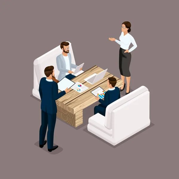 Isometric people businessmen, negotiation, investment, graphic, business meeting. Business men and women negotiate. Vector illustration — Stock Vector