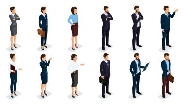 İnsanlar izometrik 3d, izometrik işadamları ve iş kadın iş giysileri insan hareketi. Beyaz arka plan üzerinde izole kavramı