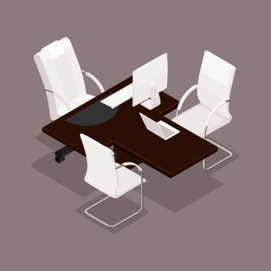 İzometrik 3d, döşenmiş modern tarzı, ofis mobilyaları, bilgisayar ekipmanı, ileri teknoloji, monitör, klavye, karanlık bir arka plan üzerinde izole