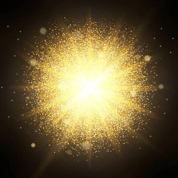 在黄金光泽粉尘飞散的粒子影响火花豪华设计丰富的背景。阳光照射的疗效。豪华金色纹理 — 图库矢量图片
