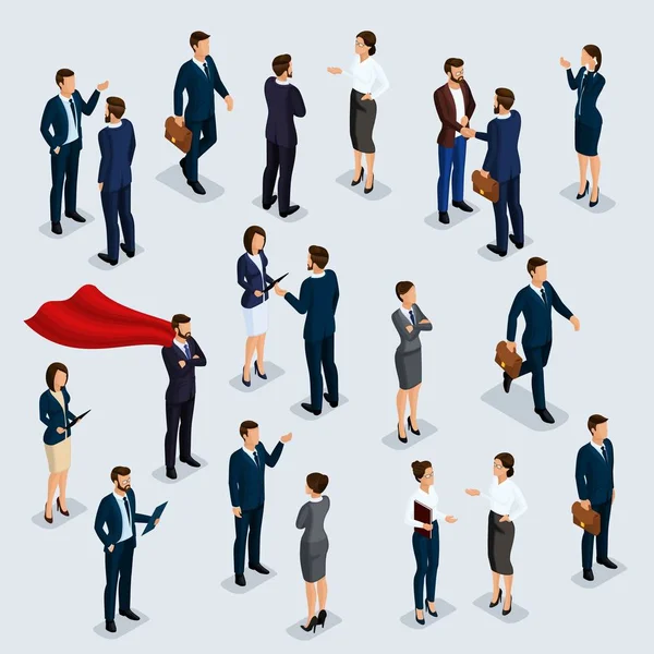 People Isometric 3D, isometric businessmen and business woman business clothes human movement. The people in the crowd talking, brainstorming. Concept isolated — Stock Vector