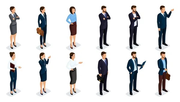 Gente Isométrica 3D, hombres de negocios isométricos y mujeres de negocios ropa movimiento humano. Concepto aislado sobre fondo blanco — Vector de stock