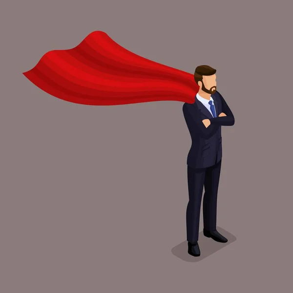 Personas isométricas Hombres de negocios isométricos, hombres de negocios que luchan hacia adelante movimiento, Superman, volar, arriba, que conduce a un fondo oscuro, aislado — Vector de stock