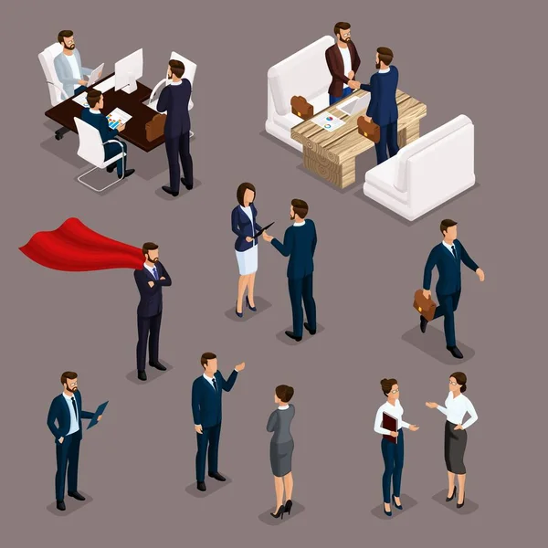 Isometric People Isometric businessmen, businessman and business woman, business clothes work, brainstorming, teamwork, business meeting on a dark background — Stock Vector