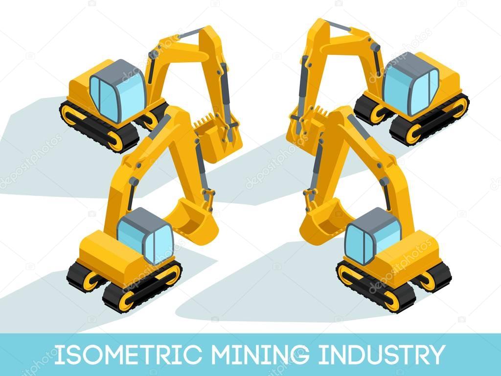 Isometric 3D mining industry icons set 5 image of mining equipment and vehicles isolated vector illustration