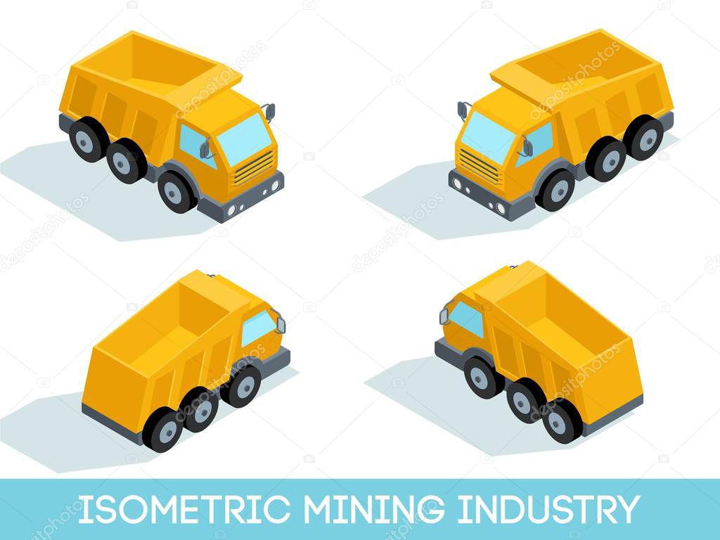 Isometric 3D mining industry icons set 2 image of mining equipment and vehicles isolated vector illustration