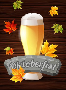 Parlak poster Oktoberfest, bira, tatil. Sonbahar akçaağaç ahşap arka plan üzerinde bırakır. Taş tablet üzerinde yazıt. Vektör çizim