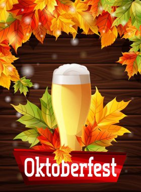 Parlak bir poster bira partisi Oktoberfest Sonbaharda akçaağaç ahşap bir arka plan üzerinde güneş ışıma etkisi kalkıyor. Güneş parlak ışık. Vektör çizim