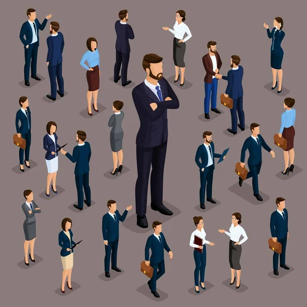 People Isometric 3D, the big boss businessman and business woman, business clothes. The concept of office workers, director and subordinates isolated on a dark — Stock Vector