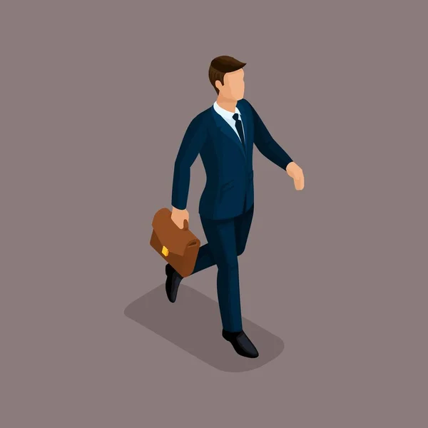 People Isometric 3D businessman in a hurry, there is a fast pace with a briefcase isolated on a dark background of a noble — Stock Vector