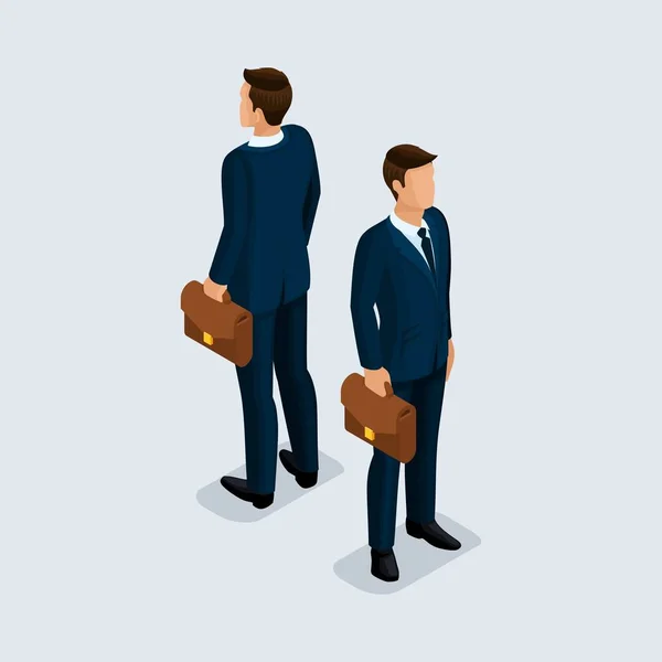 Isometric 3D people, businessman, of a corporate clothes, beautiful shoes, bag, hairstyle. Front view rear view isolated on a light background — Stock Vector