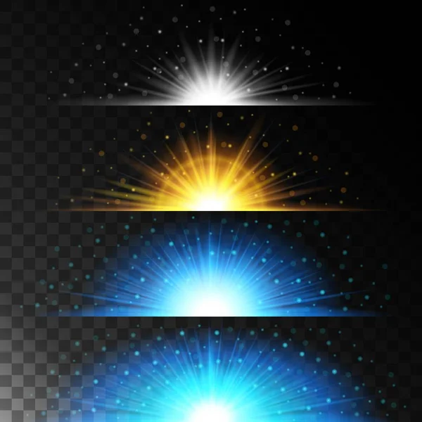 Set efek pencahayaan realistis. Bintang bersinar. Cahaya dan gemerlap pada latar belakang transparan. Bersinar magis perbatasan bola kuning. Ilustrasi vektor - Stok Vektor