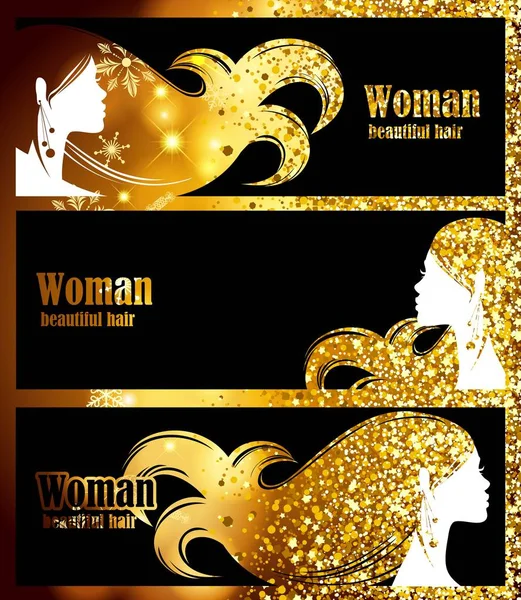 Banners negros, fondo dorado brillantes, brillo dorado, hermoso cabello elegante silueta femenina. plantilla de decoración de diseño. Ilustración vectorial — Vector de stock