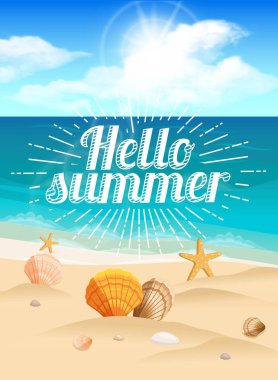 Büyük kartpostal, güzel manzara, deniz plaj, plaj çantası, plaj şapka, deniz kabuklarını, çakıl taşları. Sunburst metin Merhaba yaz. Vektör çizim
