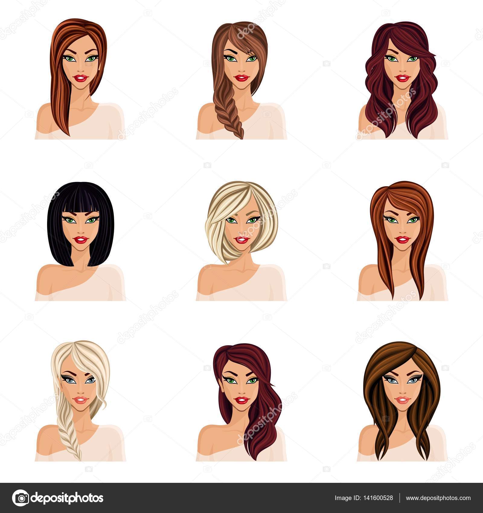 Set of hairstyles for girls, create your avatar, young woman girl.  Hairstyles for long hair isolated. Face neck, eyes, lips. vector  illustration Stock Vector Image by ©ElizaLIV #141600528