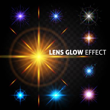 Karanlık bir arka plan şeffaf parlak ışık efektleri kümesi. Etkisi lens, güneş kızdırma. Noel ve yeni yıl için tasarım