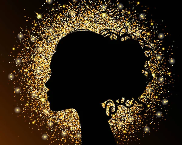 Чорний силует дівчини на золотому тлі, пісок, розсипчаста текстура фольги. Яскравий дизайн салону краси. Векторні ілюстрації — стоковий вектор