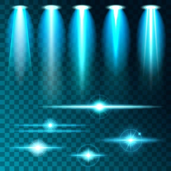 Réglez l'éclat de lumière réaliste éclat lumineux de lampes bleu vif, ensemble de diverses formes et projections sur un fond sombre. Illustration vectorielle abstrait — Image vectorielle