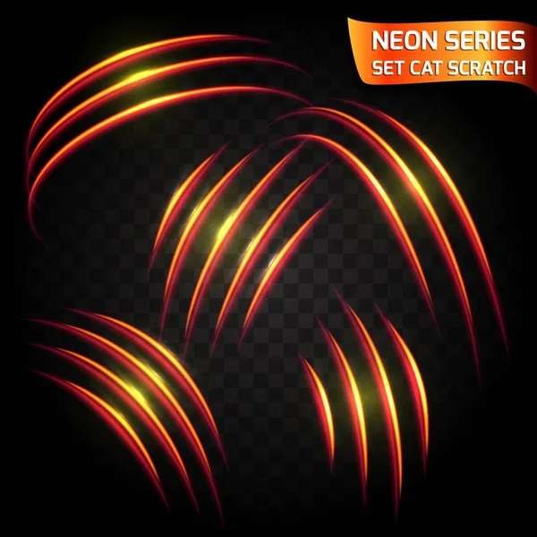 Neon Series set of cat scratch. Bright neon glowing effect. Transparent background. Abstract glowing crack, speed imitation bright red effect. Vector illustration — Stock Vector