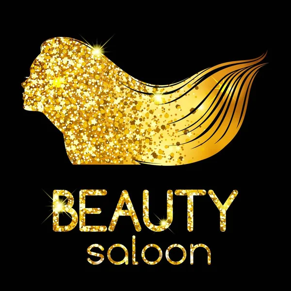 Decorazione dorata di un salone di bellezza, la silhouette contorno ragazza agitando i capelli, illustrazione luminosa. Vettore — Vettoriale Stock