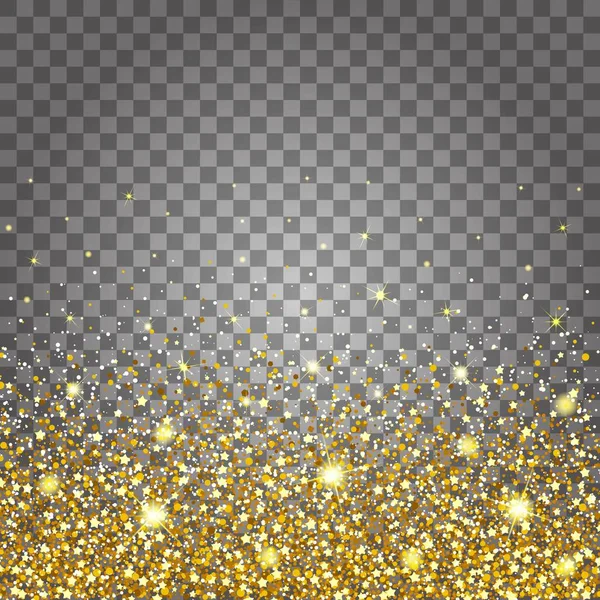 Wirkung der fliegenden Teile Gold glitzern Luxus reichen Design Hintergrund. hellgrauer Hintergrund unten. Sternenstaub löst Explosion auf transparentem Hintergrund aus — Stockvektor