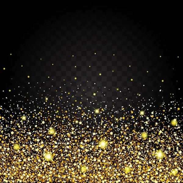 Efeito de voar a partir do fundo do brilho dourado fundo rico design de luxo. Fundo escuro. Stardust faísca a explosão em um fundo transparente. Textura dourada de luxo —  Vetores de Stock