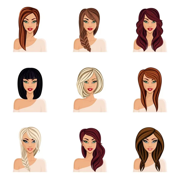 Set of hairstyles for girls, create your avatar, young woman girl. Hairstyles for long hair isolated. Face neck, eyes, lips. vector illustration — Stock Vector