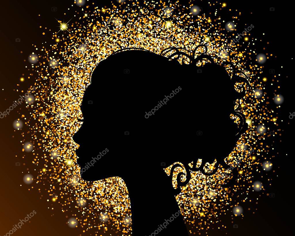 The black silhouette of a girl on a gold background, sand, crumbly texture foil. The bright design of a beauty salon. Vector illustration.