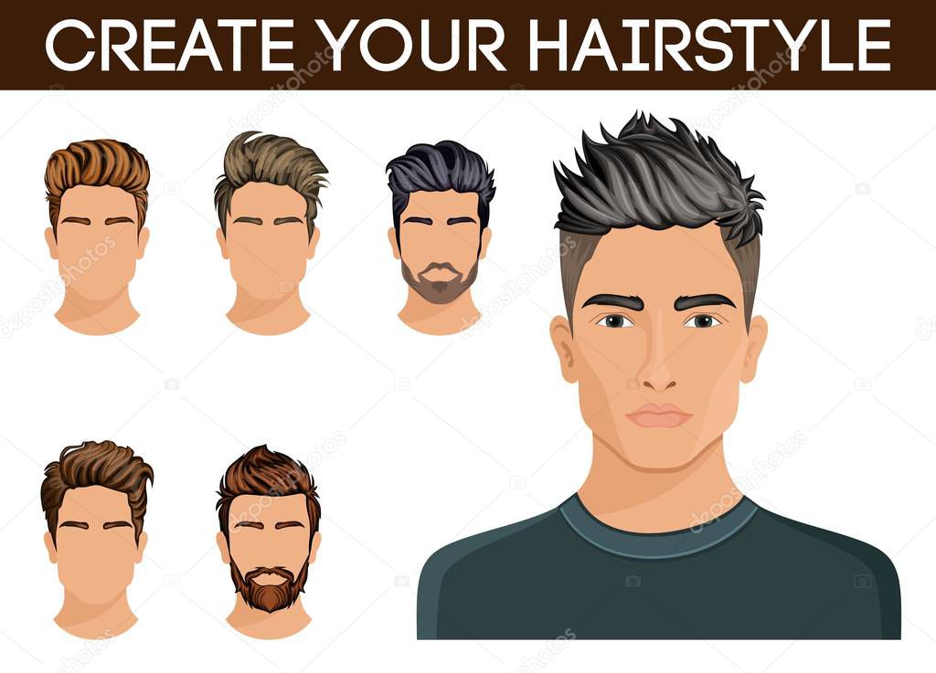 Create, change hairstyles. Men hair style symbol hipster beard, mustache stylish, modern. Vector illustration