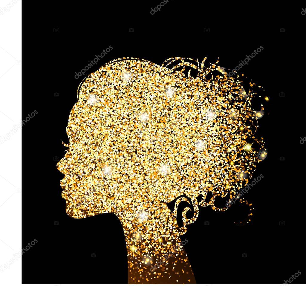 Beautiful girl silhouette gold texture gold foil. Beautiful illustration for beauty. Vector.