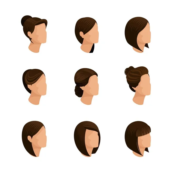 Coiffures de femmes tendance Isometric isolé et un fond blanc. Pose, coiffure, couleur des cheveux. Jeunes hommes d'affaires modernes élégants, travail de haute qualité. Illustration vectorielle — Image vectorielle