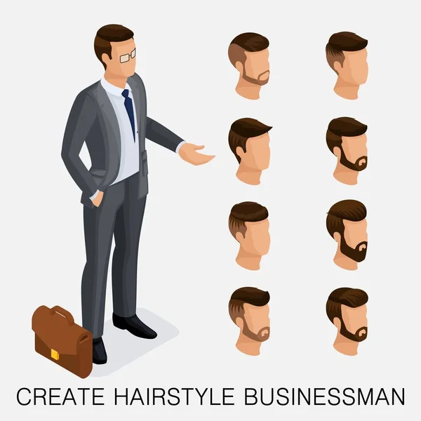 Trendiga isometrisk set 9, kvalitativ studie, en uppsättning av mäns frisyrer, hipster stil. Mode Styling, skägg, mustasch. Stil med dagens ung affärsman. Vektorillustration — Stock vektor