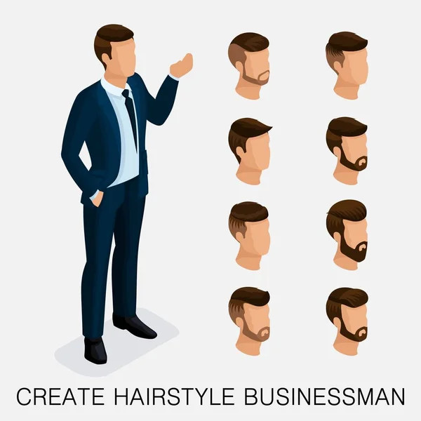 Trendiga isometrisk set 8, kvalitativ studie, en uppsättning av mäns frisyrer, hipster stil. Mode Styling, skägg, mustasch. Stil med dagens ung affärsman. Vektorillustration — Stock vektor