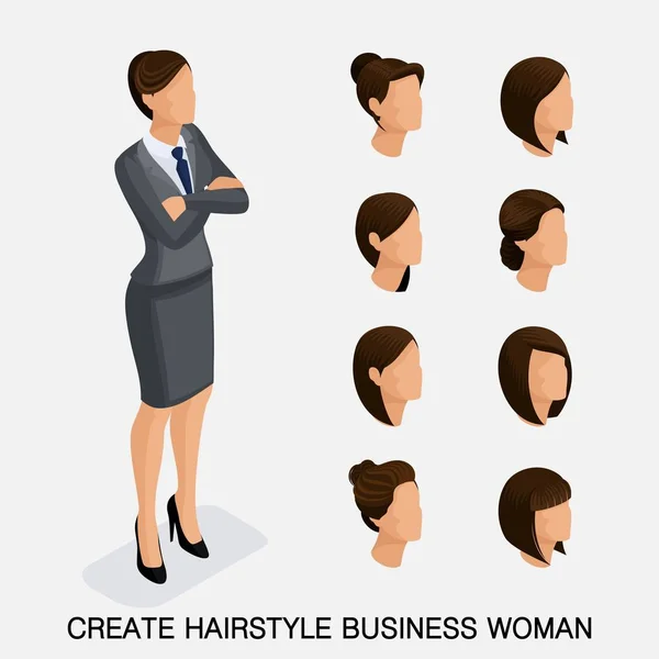 Trendy isometric set 7, women's hairstyles. Young business woman, hairstyle, hair color, isolated. Create an image of the modern business woman. Vector illustration — Stock Vector